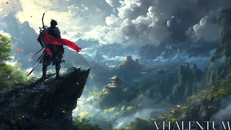 Lone armored warrior overlooking misty mountain temples.