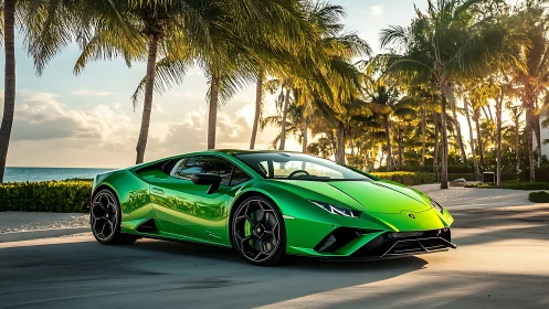 Green supercar parked on tropical beachfront road.