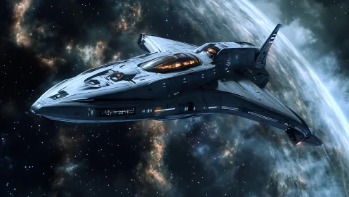 Streamlined spacecraft rendered in orbit around a planet