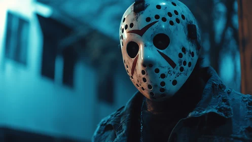 Hockey mask drifter haunts a neon-soaked twilight alleyway.