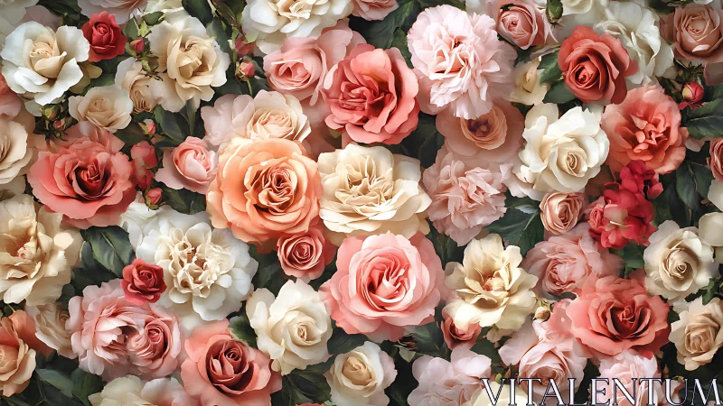 Botanical Garden Full Bloom: Layered Rose Composition in Warm Palette.