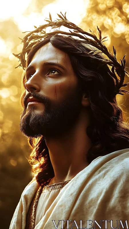 Messianic figure in golden light gazes heavenward in reverence.