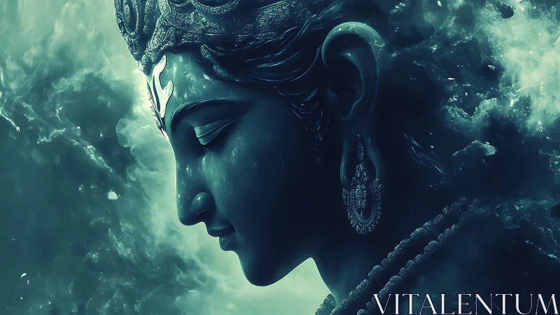 Divine teal deity profile in ethereal cosmic nebula glow.