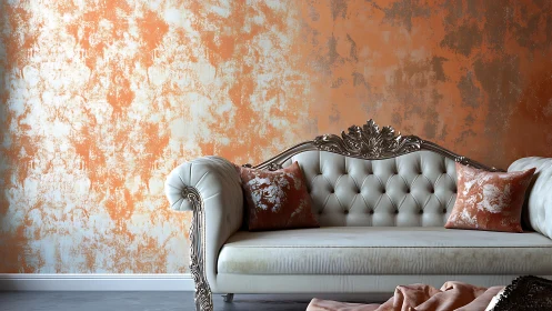 Baroque tufted sofa set against textured copper accent wall