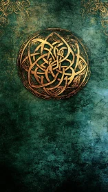 Ornate gold Celtic knot medallion on distressed teal ground.