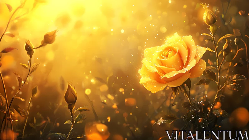 Golden rose blooms under radiant backlit sunrise glow.