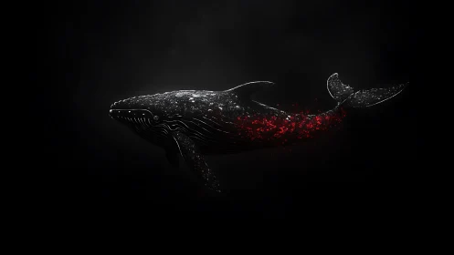Digital humpback whale dissolving into red particles.