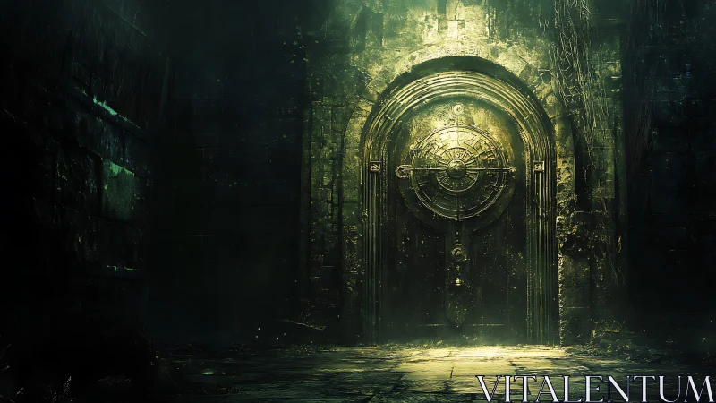 Ancient circular-locked metal door in dark stone vault.
