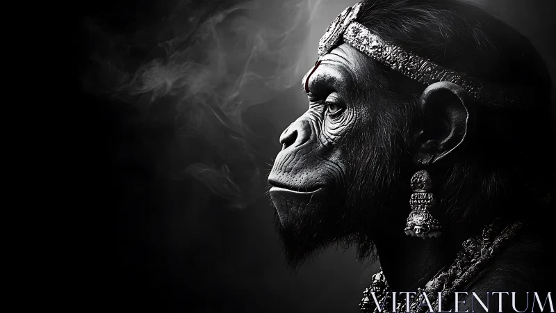 Profile view shows ornate, humanlike ape wearing jewelry