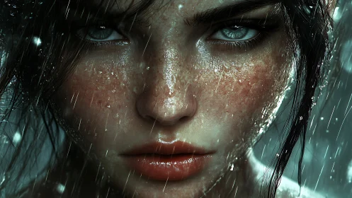 Intense blue-eyed woman stares through driving rainstorm.