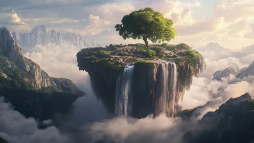 Mystical cliff island suspended among clouds with cascading waterfall.