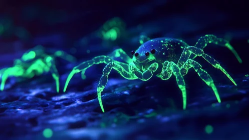 Bioluminescent green spider walks across dark wet ground
