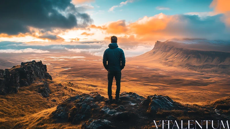 Solitary hiker observes sunlit valley under dramatic clouds