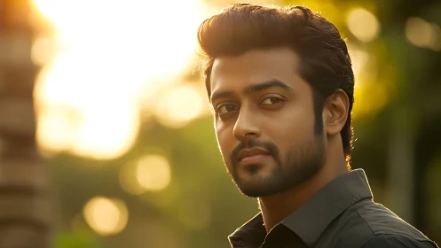 Portrait of man outdoors with warm backlit sunlight glow.