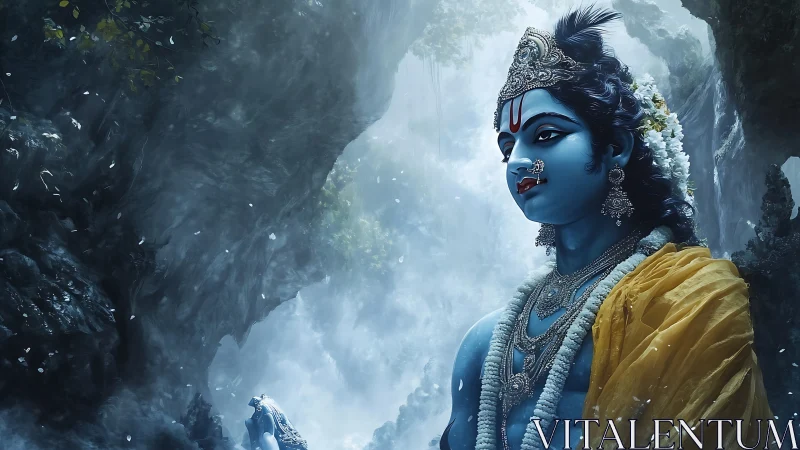 Divine blue deity rendered in high-detail ethereal digital painting
