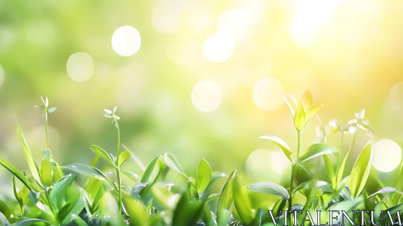 Young green seedlings grow against defocused bright background