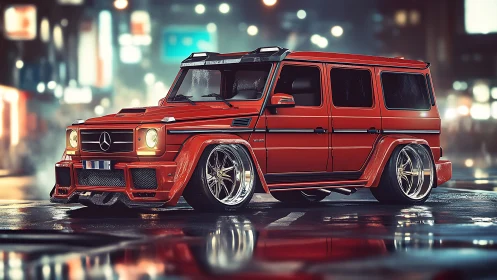 Modified red SUV in wet urban street at night scene.