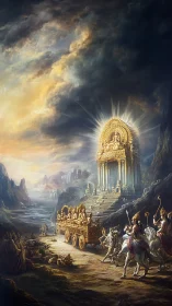Radiant celestial temple and golden chariot in misty valley.