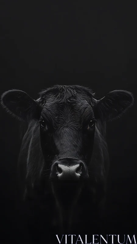 Gentle black cow emerging softly from the quiet dark.