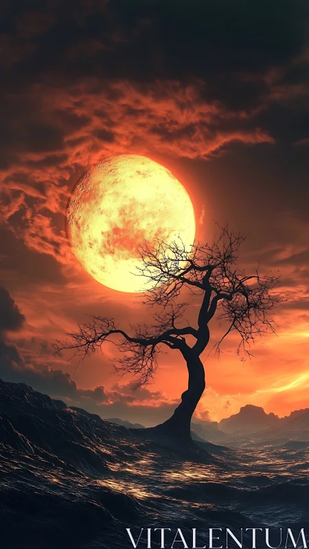 Solitary tree silhouettes against molten lunar horizon.