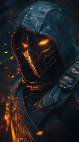 Hooded armored figure with glowing mask in ember-lit scene.