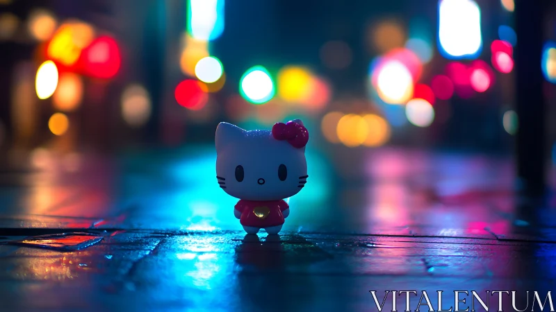 Mini cat figurine under neon bokeh with shallow depth of field