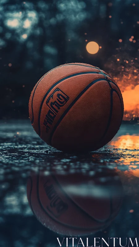 Outdoor basketball on wet court with dramatic low lighting.