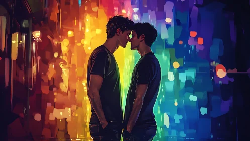 Two men face to face beneath neon city lights.