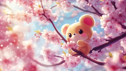 Cartoon bear positioned among pink cherry blossoms on branch.