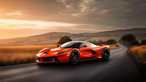 Red hypercar glides along rural road under warm sunset sky