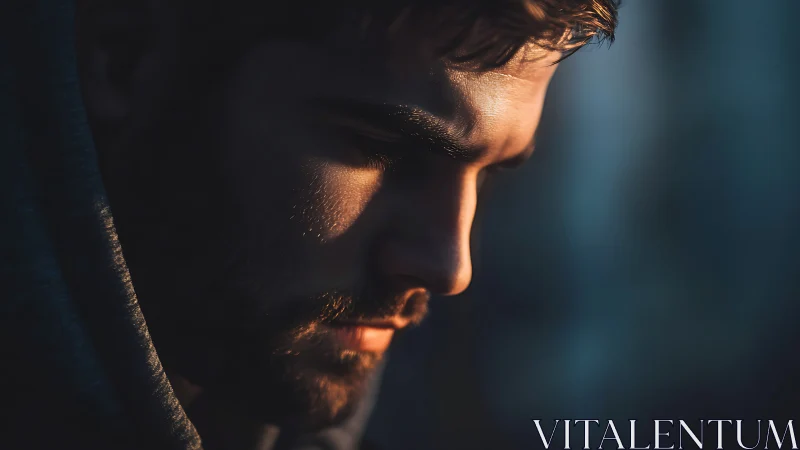 Side-lit close-up portrait of man in thoughtful profile.