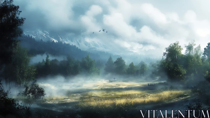 Fog laden alpine meadow with distant conifer forest and peaks