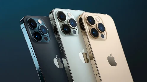 Three iPhone 12 Pro models displayed in black, white, and gold finishes.