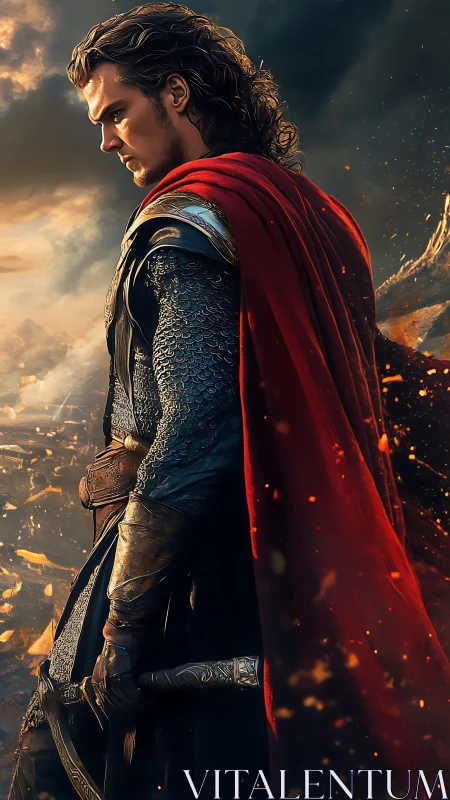 Armored fantasy warrior in red cape with sword, ember sky