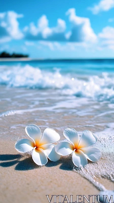 White plumeria blossoms resting on sunlit sandy shore.