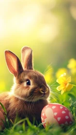 Easter bunny beside painted egg in glowing spring meadow.