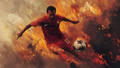 Dynamic football striker in fiery digital motion burst.