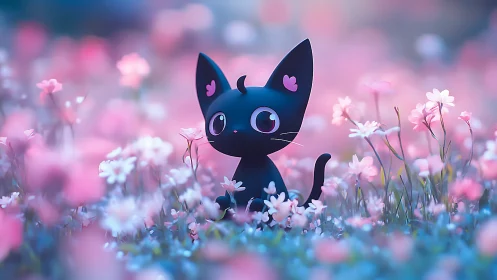 Soft-eyed black kitten enjoys a dreamy pink flower meadow