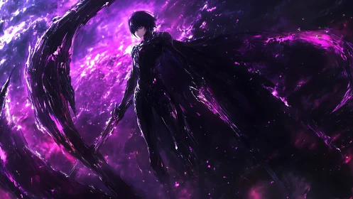 Void shrouded swordsman amid swirling violet nebulae.