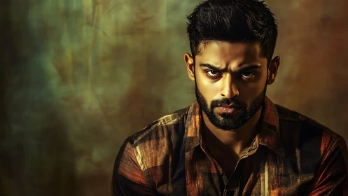 Brooding portrait of a man caught in thoughtful intensity.