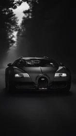 Midnight hypercar hunts the road through shadowed forest.