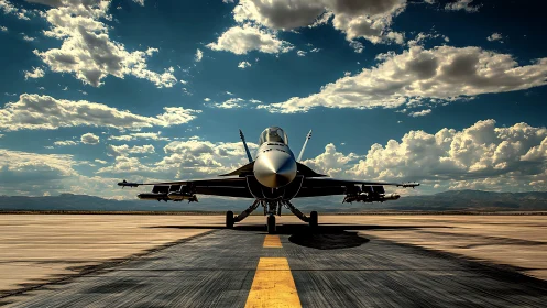 Fighter jet on runway under dramatic cloud filled sky.