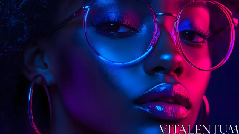 Close-up portrait of woman in neon lighting with glasses, modern style.