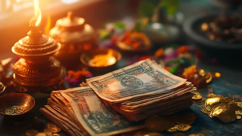 Ritual altar money stack under warm golden lamp glow.