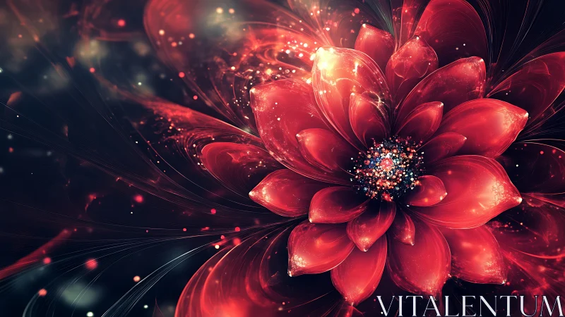 Digital red fractal flower with glowing abstract petals.