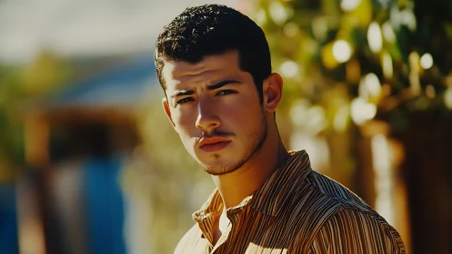 Sunlit portrait of a thoughtful young man outdoors today