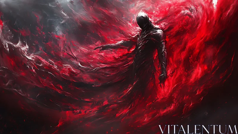 Hooded humanoid dissolves into turbulent red energy vortex flow
