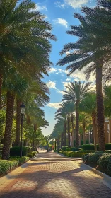 Palm trees conduct afternoon light down a brick arcade