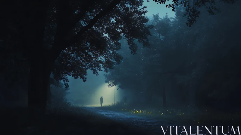 Midnight wanderer drifts toward a fog-lit forest doorway