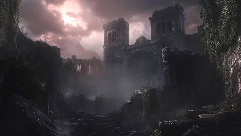 Misty ivy-covered ruins under a moody rose-tinted sky.